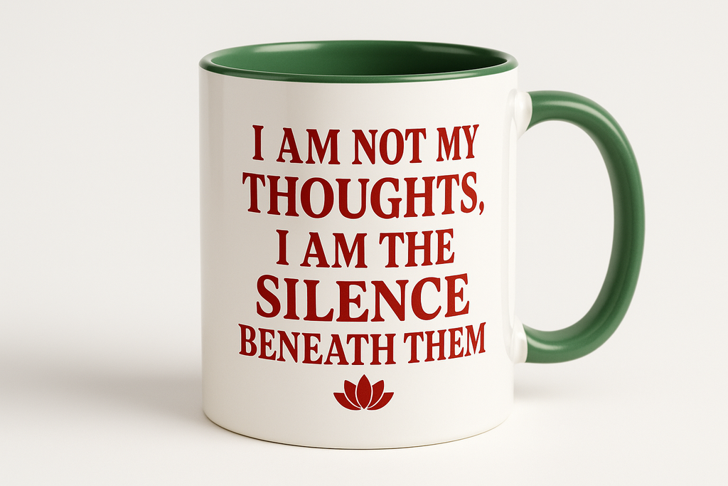 affirmation white & green mug with red lettering with lotus emoji  "AM NOT MY THOUGHTS, I AM THE SILENCE BENEATH THEM