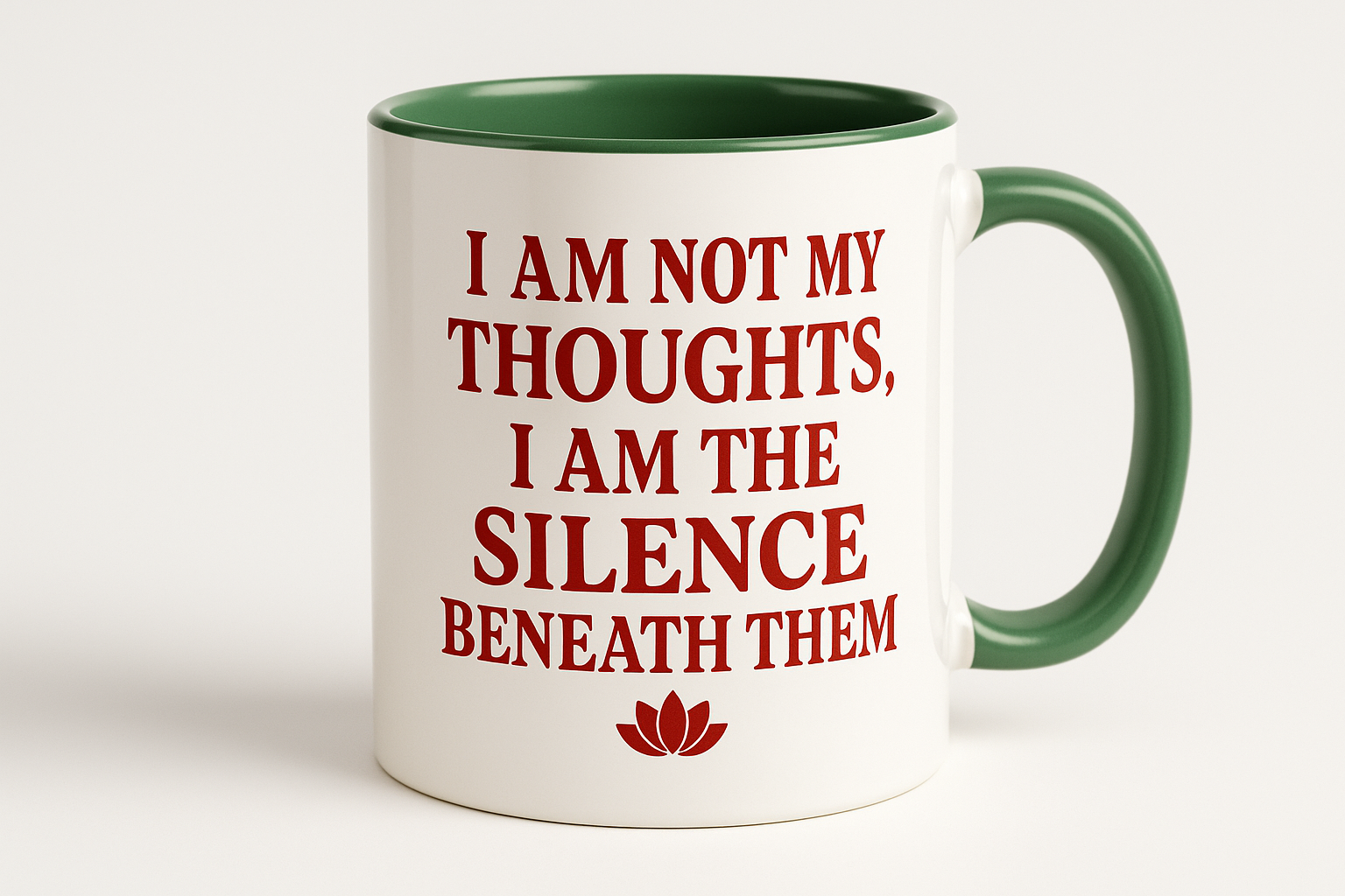 affirmation white & green mug with red lettering with lotus emoji  "AM NOT MY THOUGHTS, I AM THE SILENCE BENEATH THEM